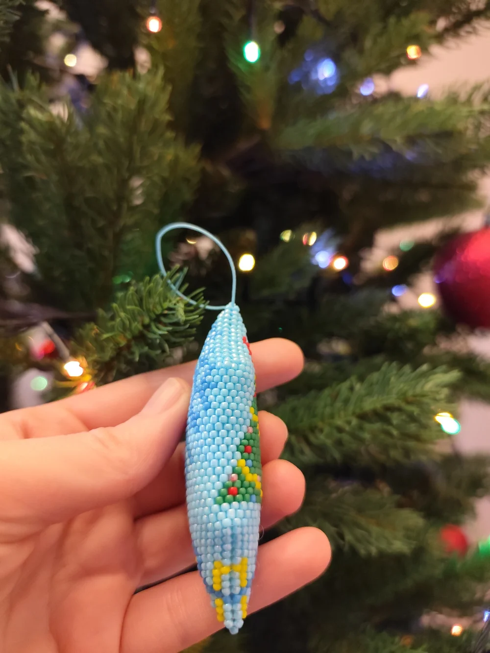 Blue Beaded Holiday Tree Ornament with Green Christmas Tree Design